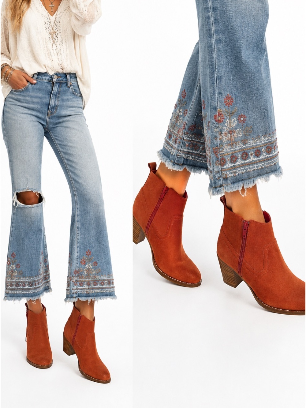 Rust Burnt Orange Suede Ankle Booties Side Zip Block Heel Western Boho